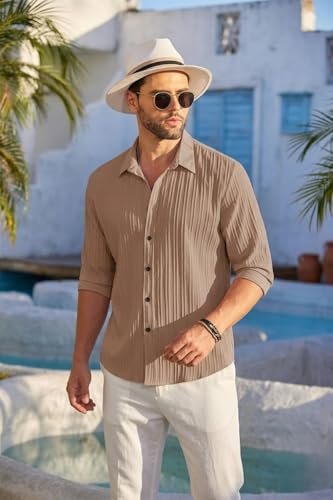 Men's Casual Button Down Shirts Long Sleeve Linen Shirt Fashion Textured Beach Summer Shirt - Image 6