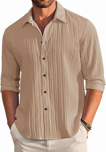 Men's Casual Button Down Shirts Long Sleeve Linen Shirt Fashion Textured Beach Summer Shirt