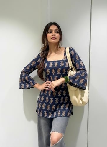Designer Women’s Viscose Blend Printed Short Kurti | Straight Fit Casual Ethnic Top | Square Neck Full Sleeve Kurta Office College - Image 4