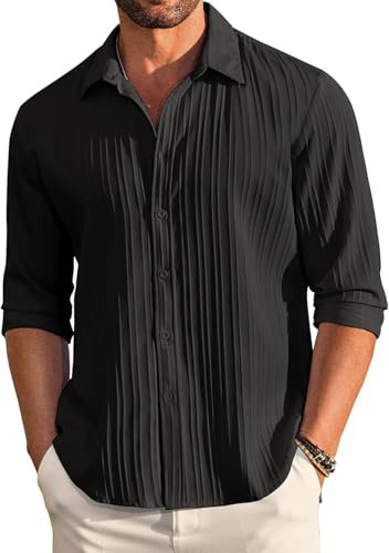 Men's Casual Button Down Shirts Long Sleeve Linen Shirt Fashion Textured Beach Summer Shirt