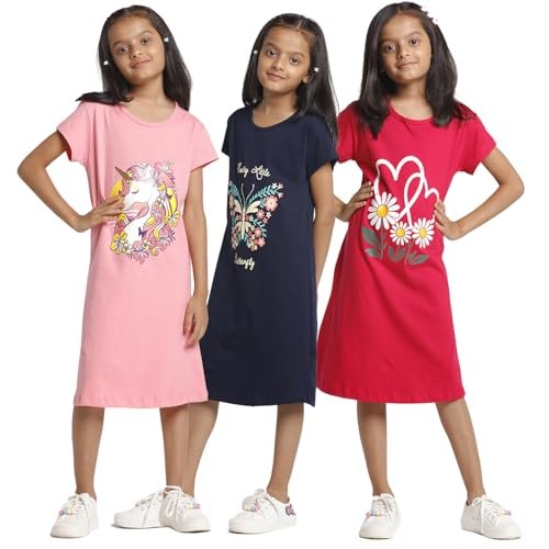 T2F Girls Cotton Printed Regular Fit Knee Length Nightgown (Pack of 3) - Image 2