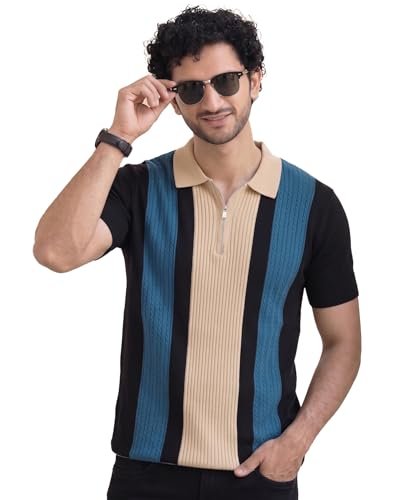 Men's Zip Collar Polo Tshirt | Cotton Rich Material | Half Sleeves | Modern Knit Panel Work | Regular Fit