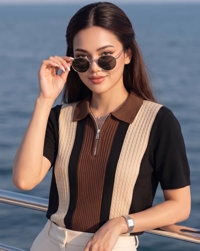 Women’s Casual Summer Polo Knit T-Shirt | Zip Collar Top | Half Sleeves | Ribbed Panel Design | Lightweight Comfort | Regular Fit - Image 6