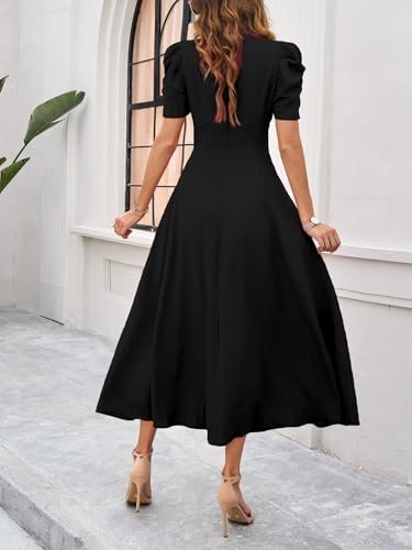 Girl's & Women's Solid Color V-Neck A-Line Maxi Dress for Women | New Year Party Outfit | Waist Cinched Puff Sleeve Western | Elegant Casual Wear (Dress 246) - Image 2