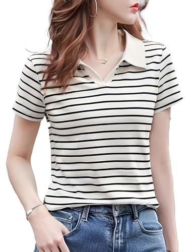 Women Short Sleeve Polo T-Shirts, Lady's Summer Striped Shirt, Collar Neck Casual Tank Tops