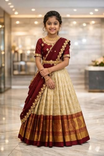 White Button New latest half Saree South Indian Langa Voni pattu pavadai lehenga choli for girls - Image 4