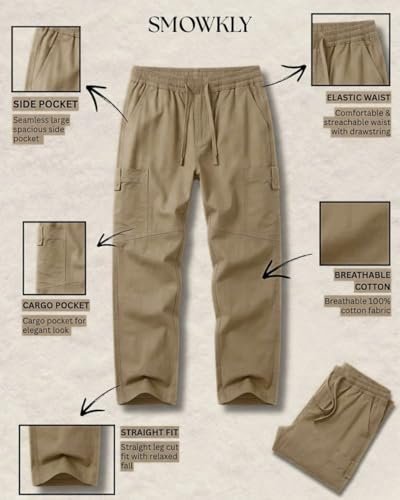 Cargo for Men | Cotton Cargo Pant | Lower for man | Elastic Drawstring Waist Straight Fit Bottoms | Comfortable Breathable Cargos for Casual, Office Wear - Image 4