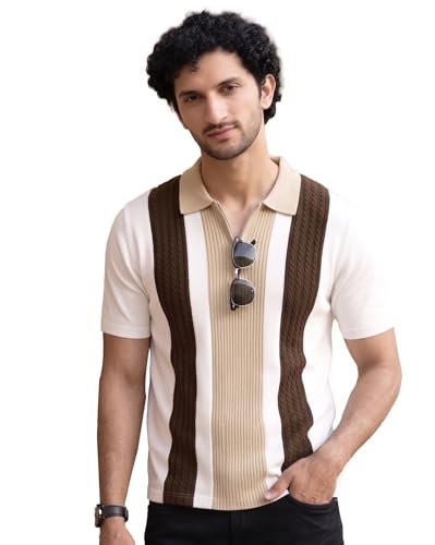 Men's Zip Collar Polo Tshirt | Cotton Rich Material | Half Sleeves | Modern Knit Panel Work | Regular Fit