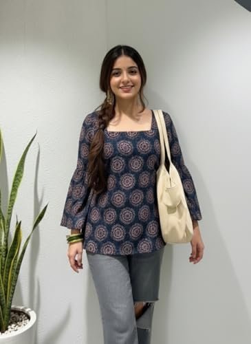 Designer Women’s Viscose Blend Printed Short Kurti | Straight Fit Casual Ethnic Top | Square Neck Full Sleeve Kurta Office College - Image 5