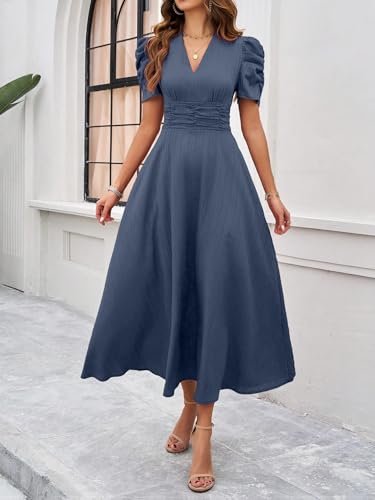 Girl's & Women's Solid Color V-Neck A-Line Maxi Dress for Women | New Year Party Outfit | Waist Cinched Puff Sleeve Western | Elegant Casual Wear (Dress 246) - Image 5