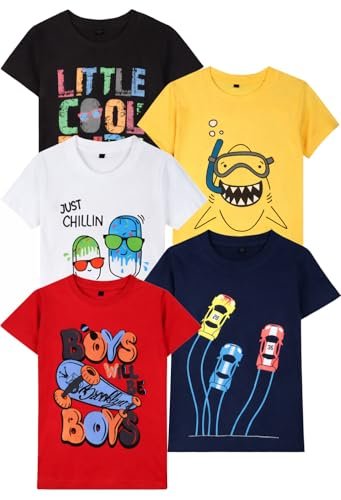 T2F Boys Cotton Regular fit T-Shirts Pack of 5 |Soft Cotton Breathable Fabric | Half Sleeve Round Neck | Casual Wear Combo | Kids Clothing