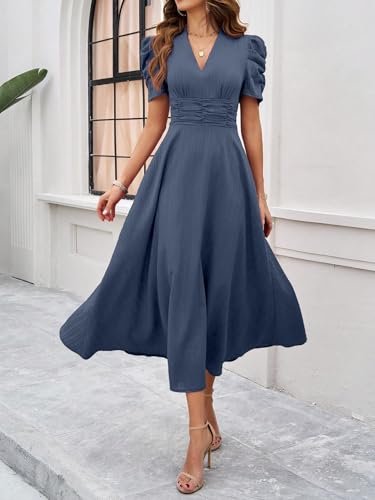 Girl's & Women's Solid Color V-Neck A-Line Maxi Dress for Women | New Year Party Outfit | Waist Cinched Puff Sleeve Western | Elegant Casual Wear (Dress 246) - Image 4