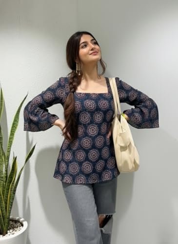 Designer Women’s Viscose Blend Printed Short Kurti | Straight Fit Casual Ethnic Top | Square Neck Full Sleeve Kurta Office College - Image 4