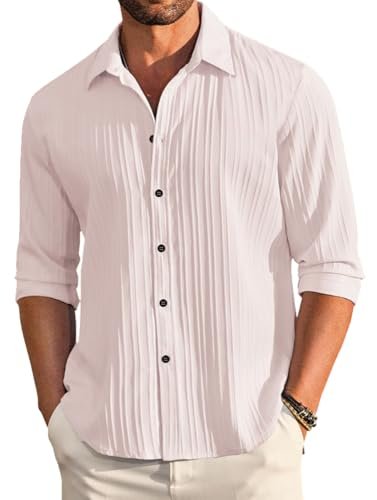 Men's Casual Button Down Shirts Long Sleeve Linen Shirt Fashion Textured Beach Summer Shirt