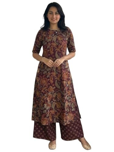 Designer Women's Viscose Blend Straight Printed Kurta with Palazzo | Elbow Length Sleeve Kurti Set | Close Neck with Back Slit | Soft Comfortable Fabric | 2 Piece Outfit