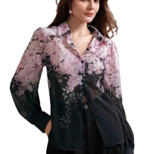 Women Georgette Regular Fit Shirt || Women Top ||Autumn Leaves Print Polo Collar Shirt, Casual Long Sleeve (S-22-25)
