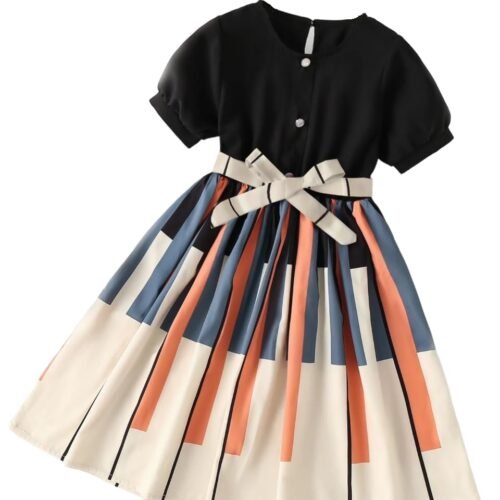 ASHIKTA Enterprise Girls Dress | Black Top with Multicolor Pleated Skirt & Bow | Stylish Kids Frock for Birthday & Casual Wear