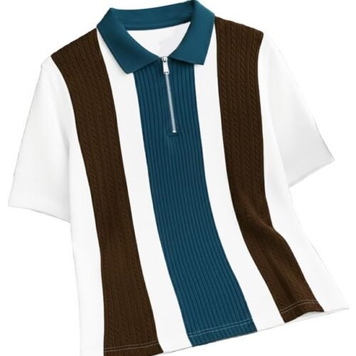 Men's Retro Cable-Knit Quarter-Zip Polo | Premium Textured Self-Design Half Sleeve T-Shirt for Men