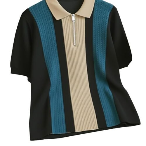 Men's Retro Cable-Knit Quarter-Zip Polo | Premium Textured Self-Design Half Sleeve T-Shirt for Men