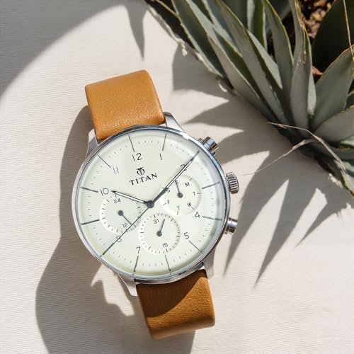 On Trend Quartz Multifunction Beige Dial Tan Leather Strap Watch for Men - NT90102SL01 - Image 4