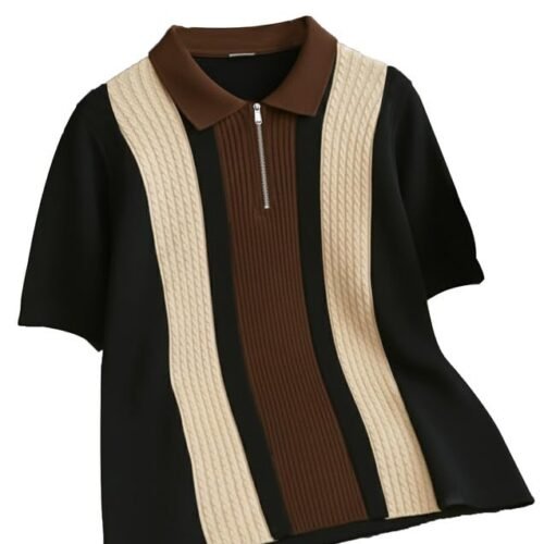 Men's Retro Cable-Knit Quarter-Zip Polo | Premium Textured Self-Design Half Sleeve T-Shirt for Men