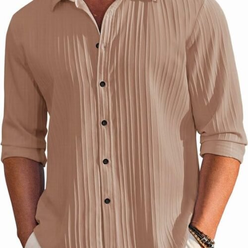 Men's Casual Button Down Shirts Long Sleeve Linen Shirt Fashion Textured Beach Summer Shirt
