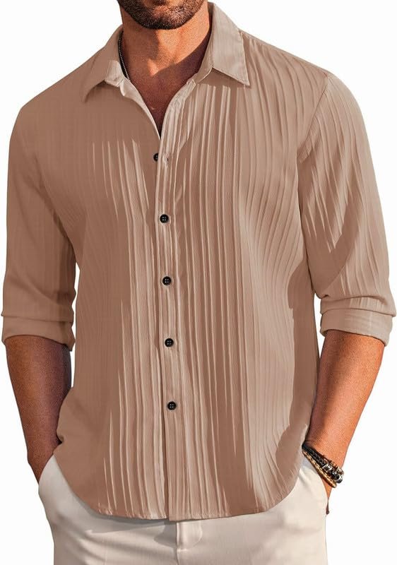 Men's Casual Button Down Shirts Long Sleeve Linen Shirt Fashion Textured Beach Summer Shirt