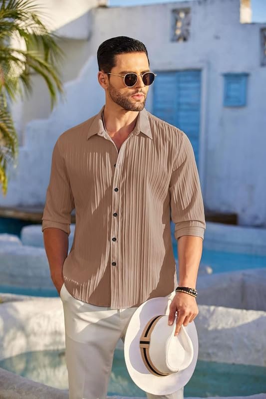 Men's Casual Button Down Shirts Long Sleeve Linen Shirt Fashion Textured Beach Summer Shirt - Image 2
