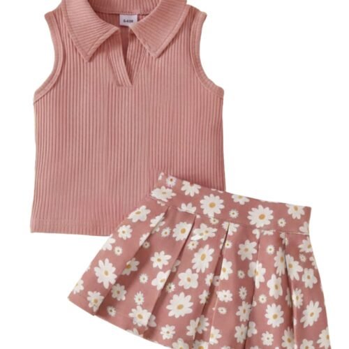 GOODWISH Girls 2-Piece Outfit Set – Sleeveless Heart Print Crop Top and Pleated Skirt – Cute Matching Summer Set for Toddler & Little Girls
