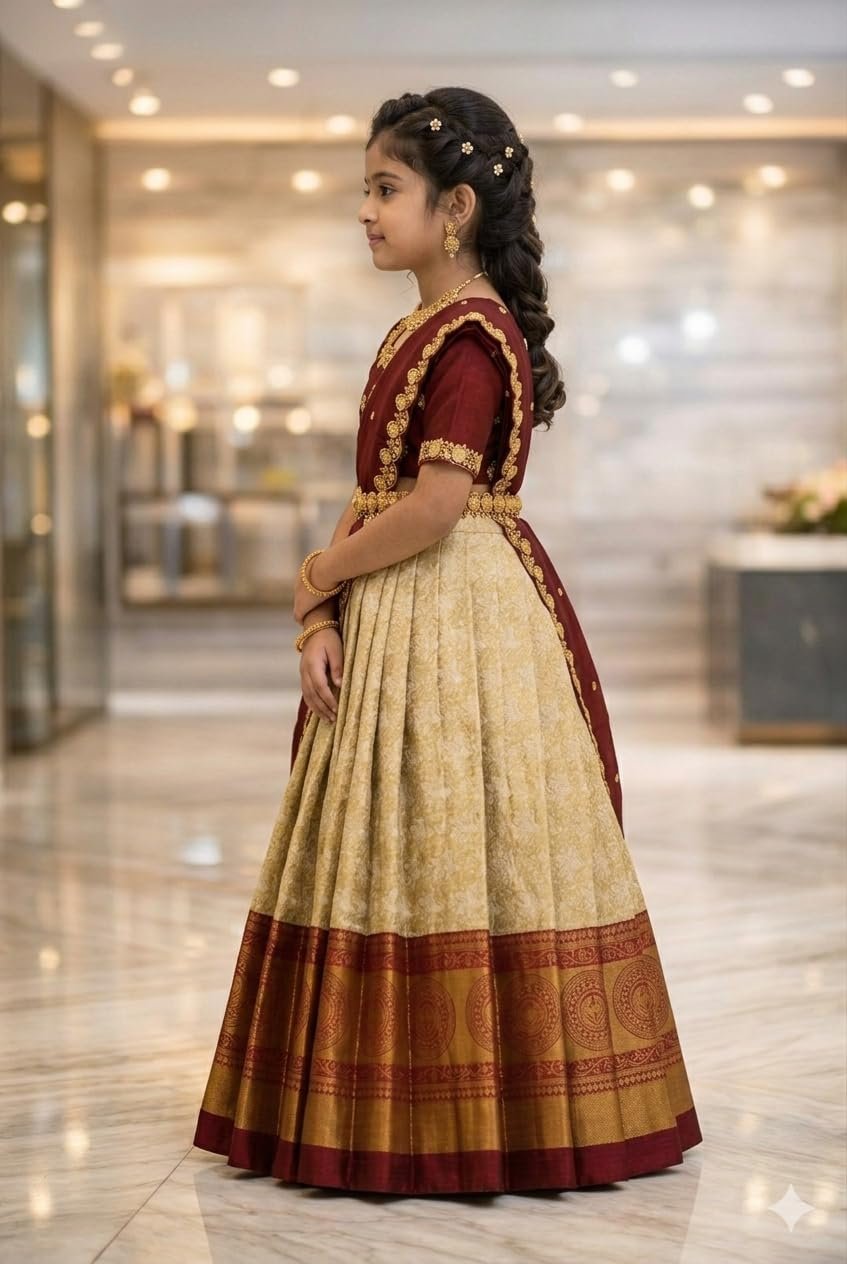 White Button New latest half Saree South Indian Langa Voni pattu pavadai lehenga choli for girls - Image 5
