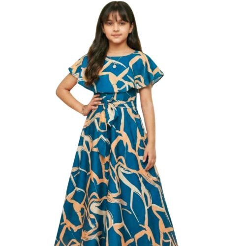 Girls Casual Floral Round Neck Cap Sleeves Fit and Flare Straight Full Length Gown Dress