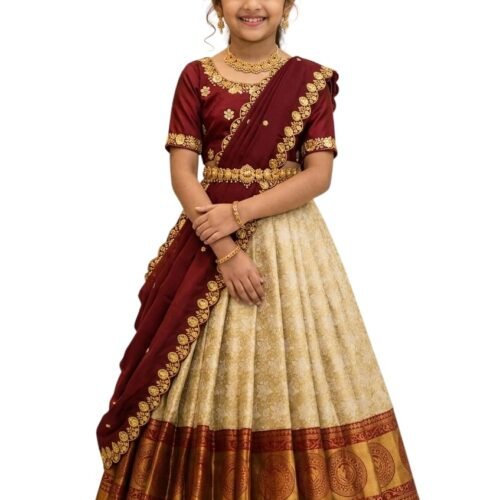 White Button New latest half Saree South Indian Langa Voni pattu pavadai lehenga choli for girls