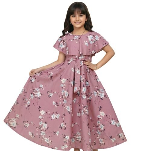 Girls Casual Floral Round Neck Cap Sleeves Fit and Flare Straight Full Length Gown Dress