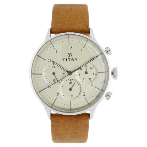 On Trend Quartz Multifunction Beige Dial Tan Leather Strap Watch for Men - NT90102SL01