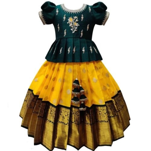 White Button Girls Jacquard New South Indian Traditional Pattu Pavadai Jecquard Readymade Lehenga Choli