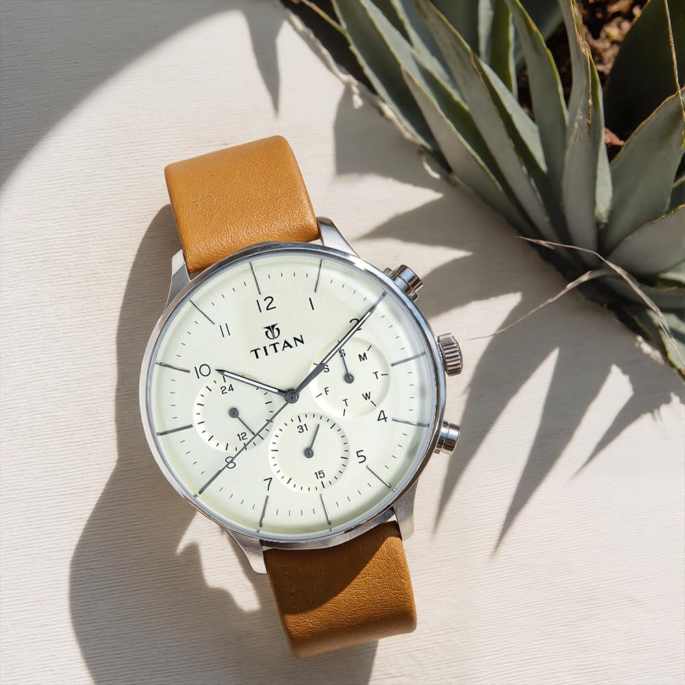 On Trend Quartz Multifunction Beige Dial Tan Leather Strap Watch for Men - NT90102SL01 - Image 3