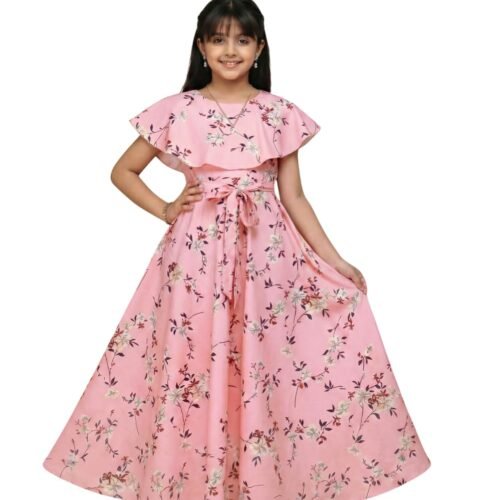 Girls Casual Floral Round Neck Cap Sleeves Fit and Flare Straight Full Length Gown Dress