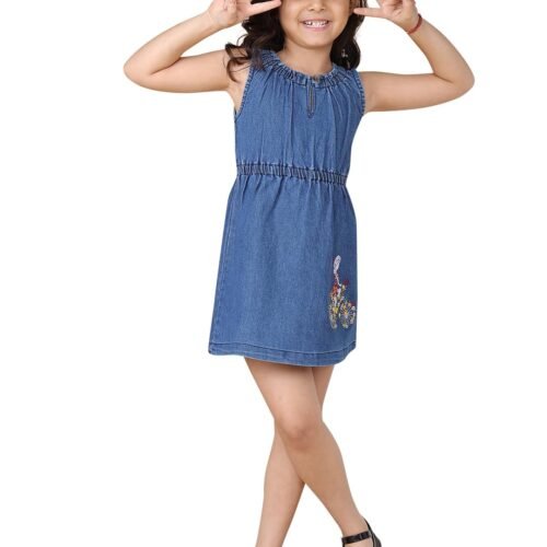superminis Girls Denim Solid Color Half Sleeves Dress with Embroidered Pocket (1 Dress)