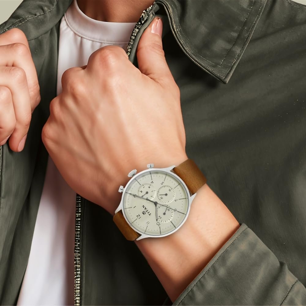 On Trend Quartz Multifunction Beige Dial Tan Leather Strap Watch for Men - NT90102SL01 - Image 5
