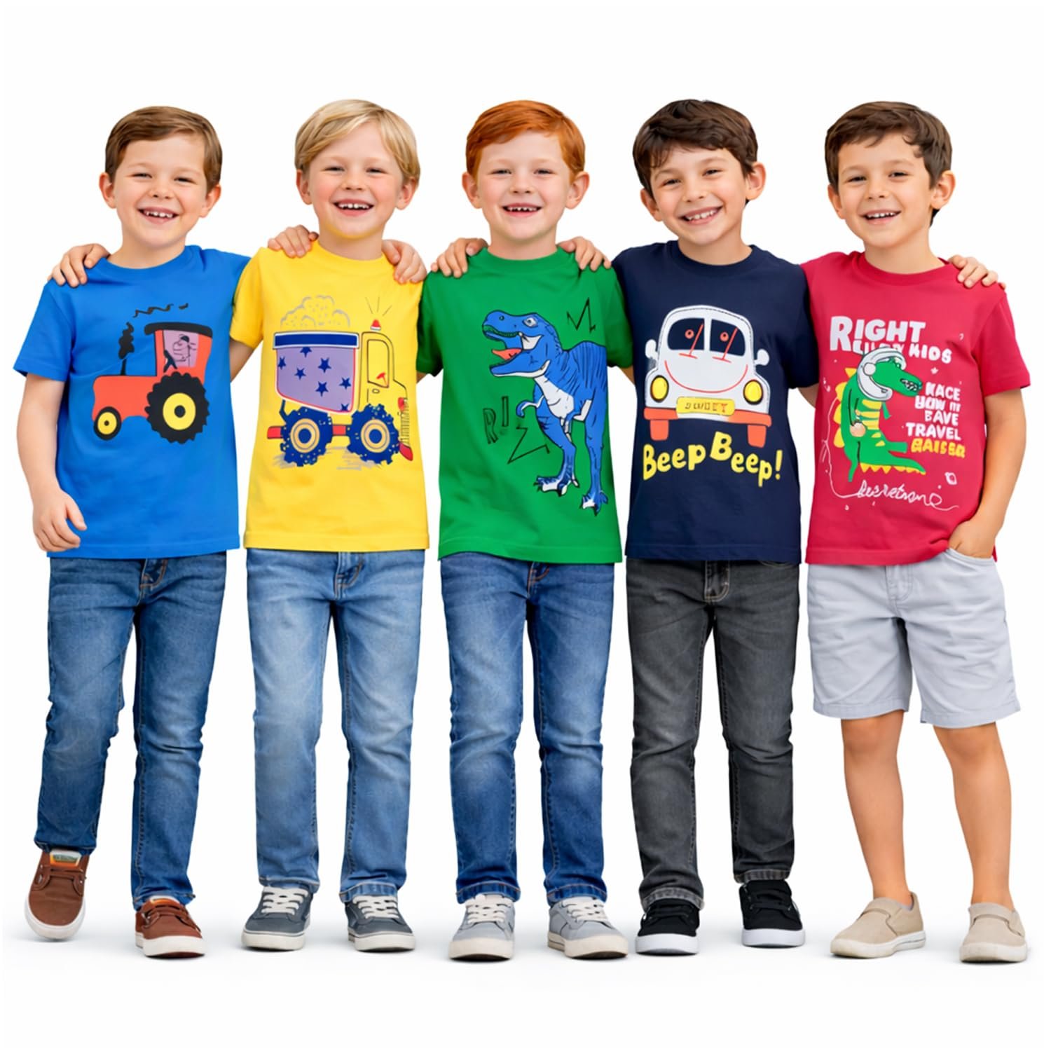T2F Boys Cotton Regular fit T-Shirts Pack of 5 |Soft Cotton Breathable Fabric | Half Sleeve Round Neck | Casual Wear Combo | Kids Clothing
