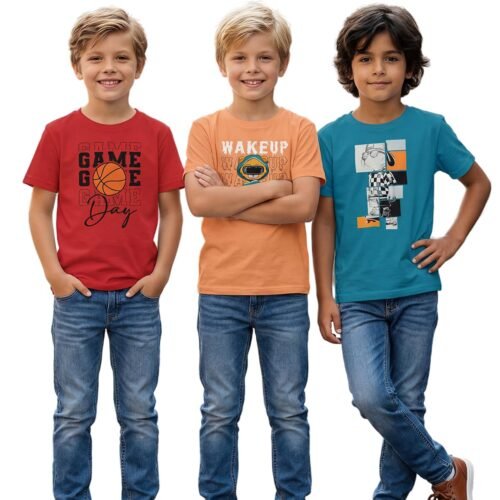 Boys Round Neck Printed Blended Cotton Tshirt -Combo Pack of 2 - Orange/Blue