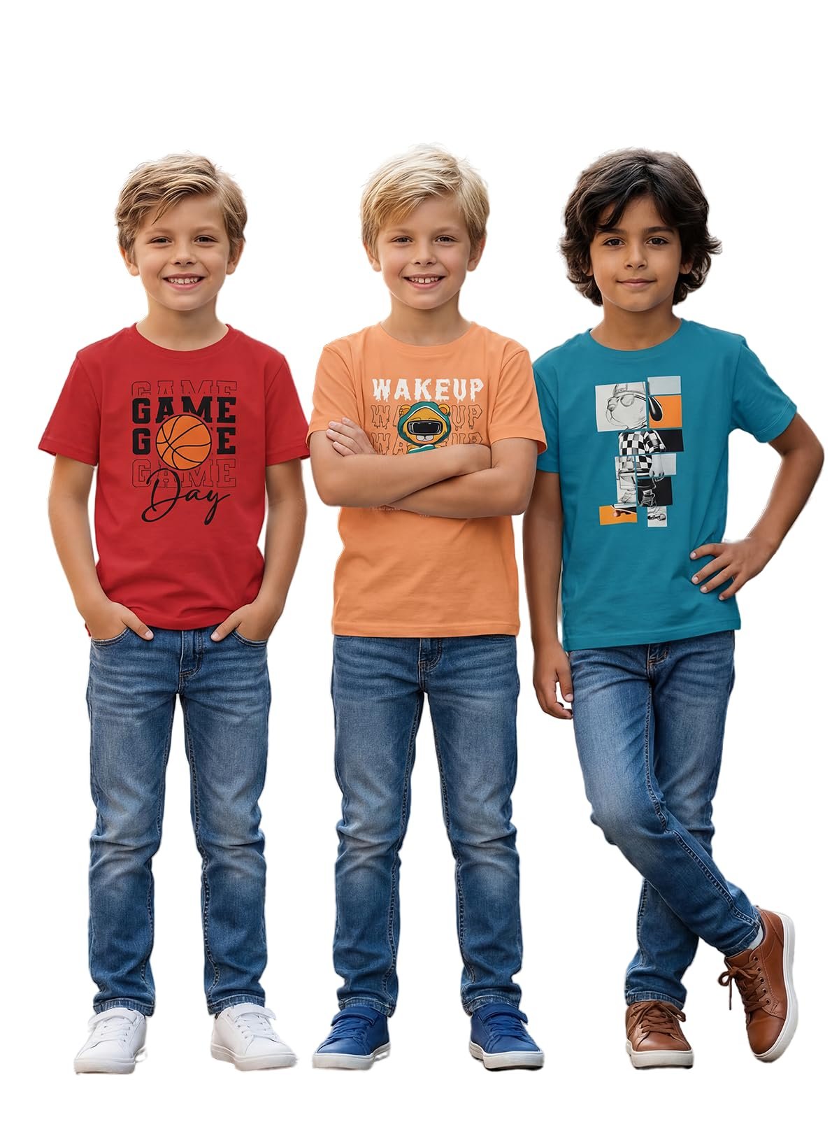 Boys Round Neck Printed Blended Cotton Tshirt -Combo Pack of 2 - Orange/Blue