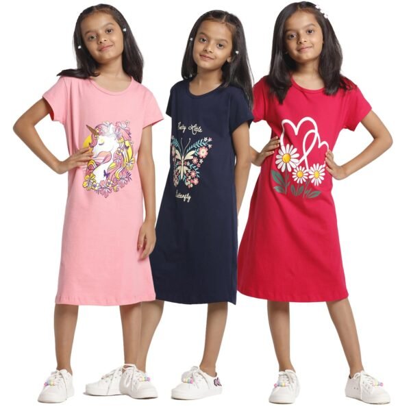 T2F Girls Cotton Printed Regular Fit Knee Length Nightgown (Pack of 3)