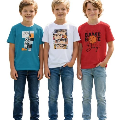Boys Round Neck Printed Blended Cotton Tshirt -Combo Pack of 2 - Orange/Blue