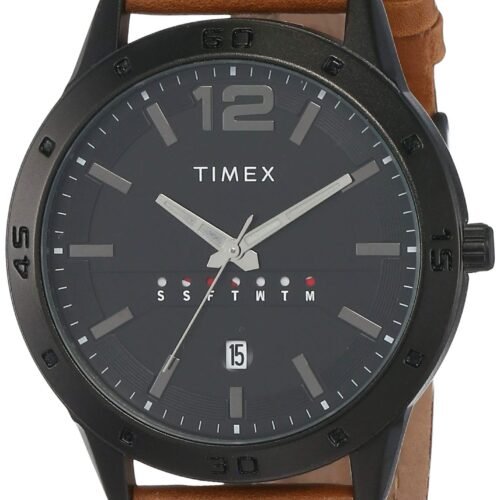 Analog Watch for man with Black Round Dial & Tan Leather Strap Band Water Resistant Men's Wrist Watches - TW000U934