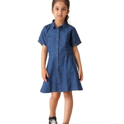 Girls Knee Length Pure Cotton Shirt Dress