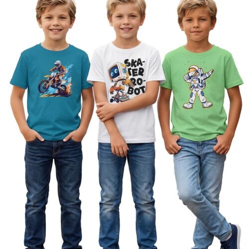 Boys Round Neck Printed Blended Cotton Tshirt -Combo Pack of 2 - Orange/Blue