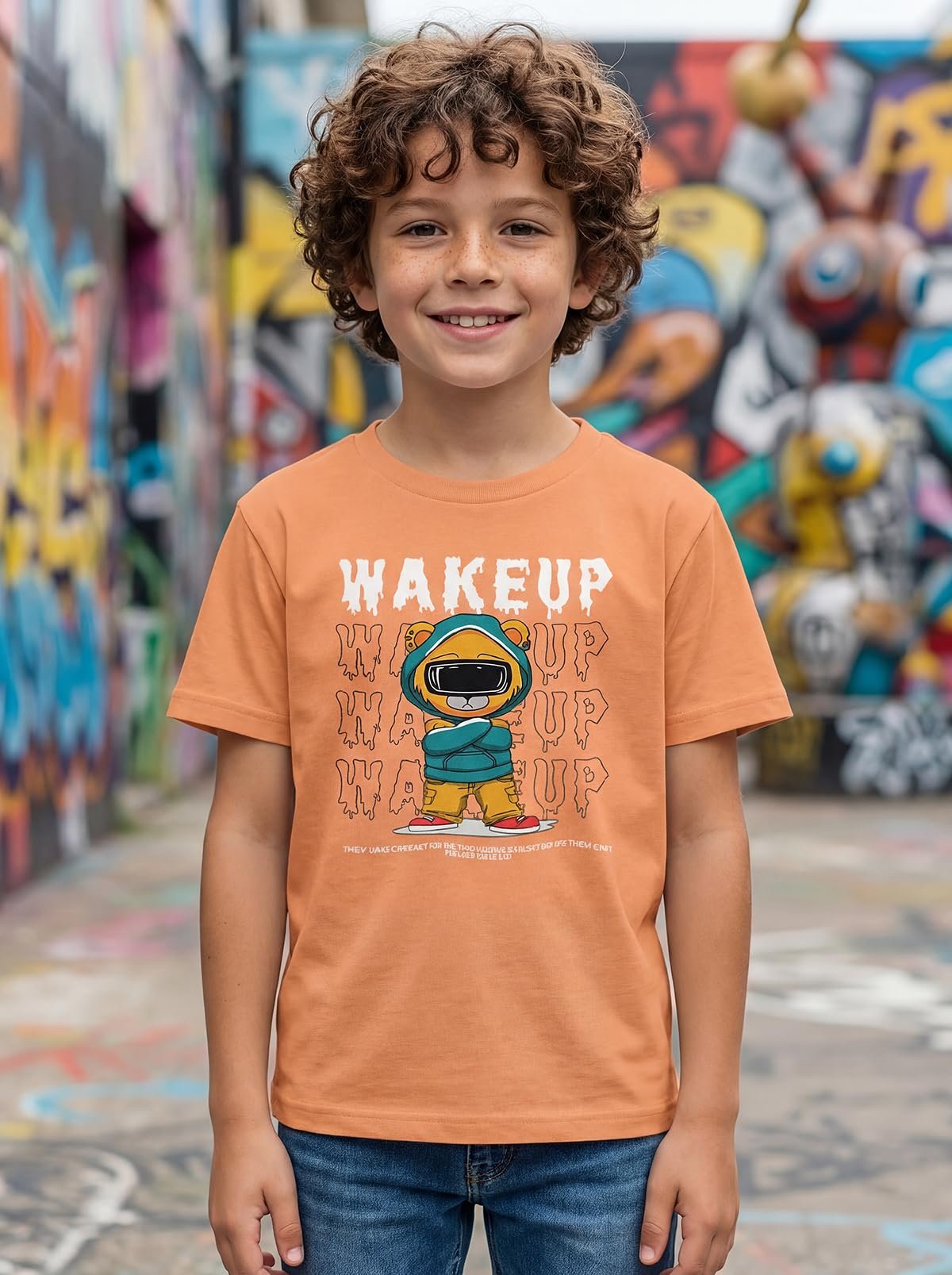 Boys Round Neck Printed Blended Cotton Tshirt -Combo Pack of 2 - Orange/Blue - Image 3