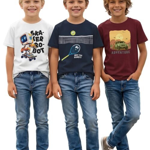 Boys Round Neck Printed Blended Cotton Tshirt -Combo Pack of 2 - Orange/Blue