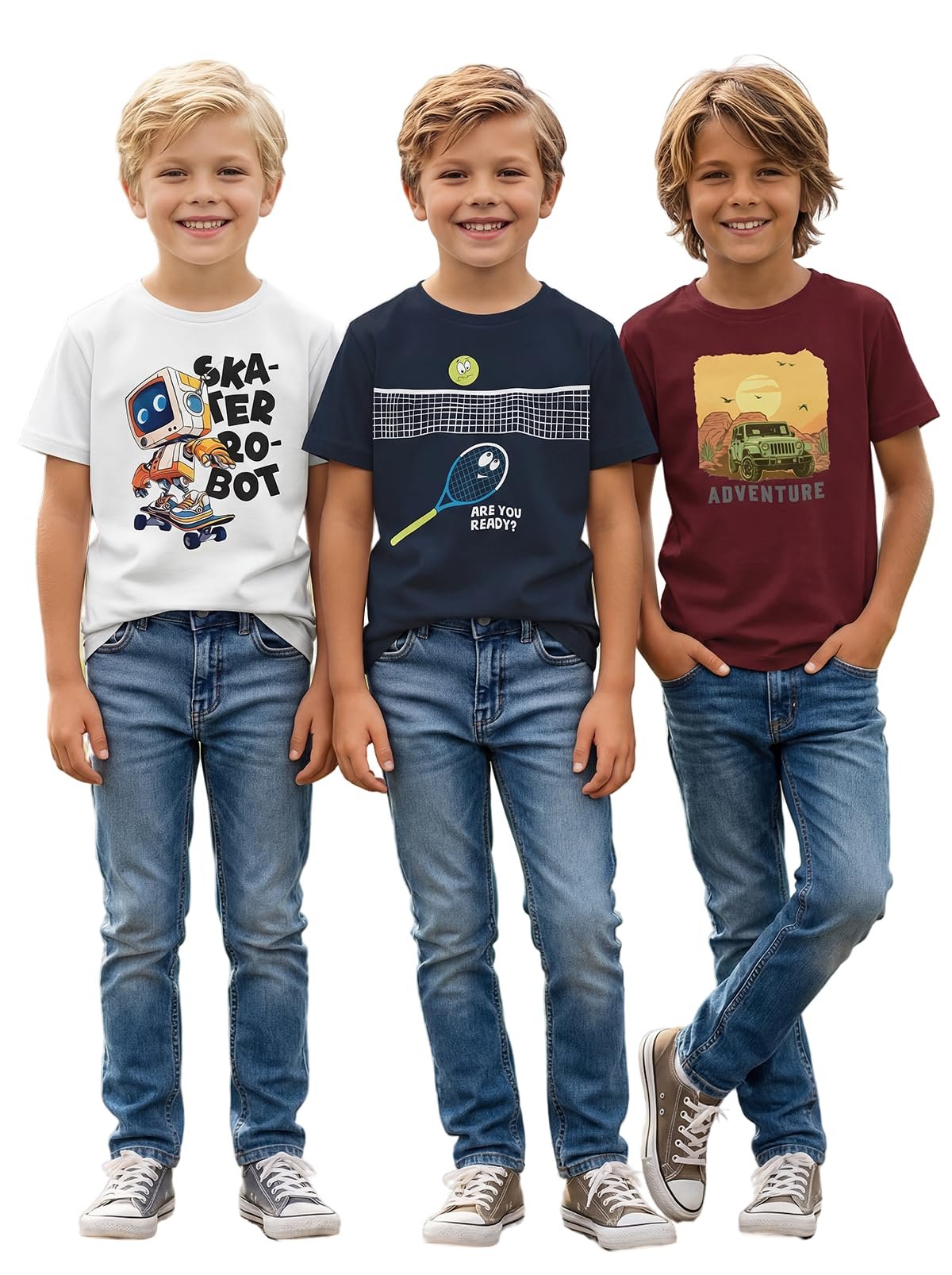 Boys Round Neck Printed Blended Cotton Tshirt -Combo Pack of 2 - Orange/Blue